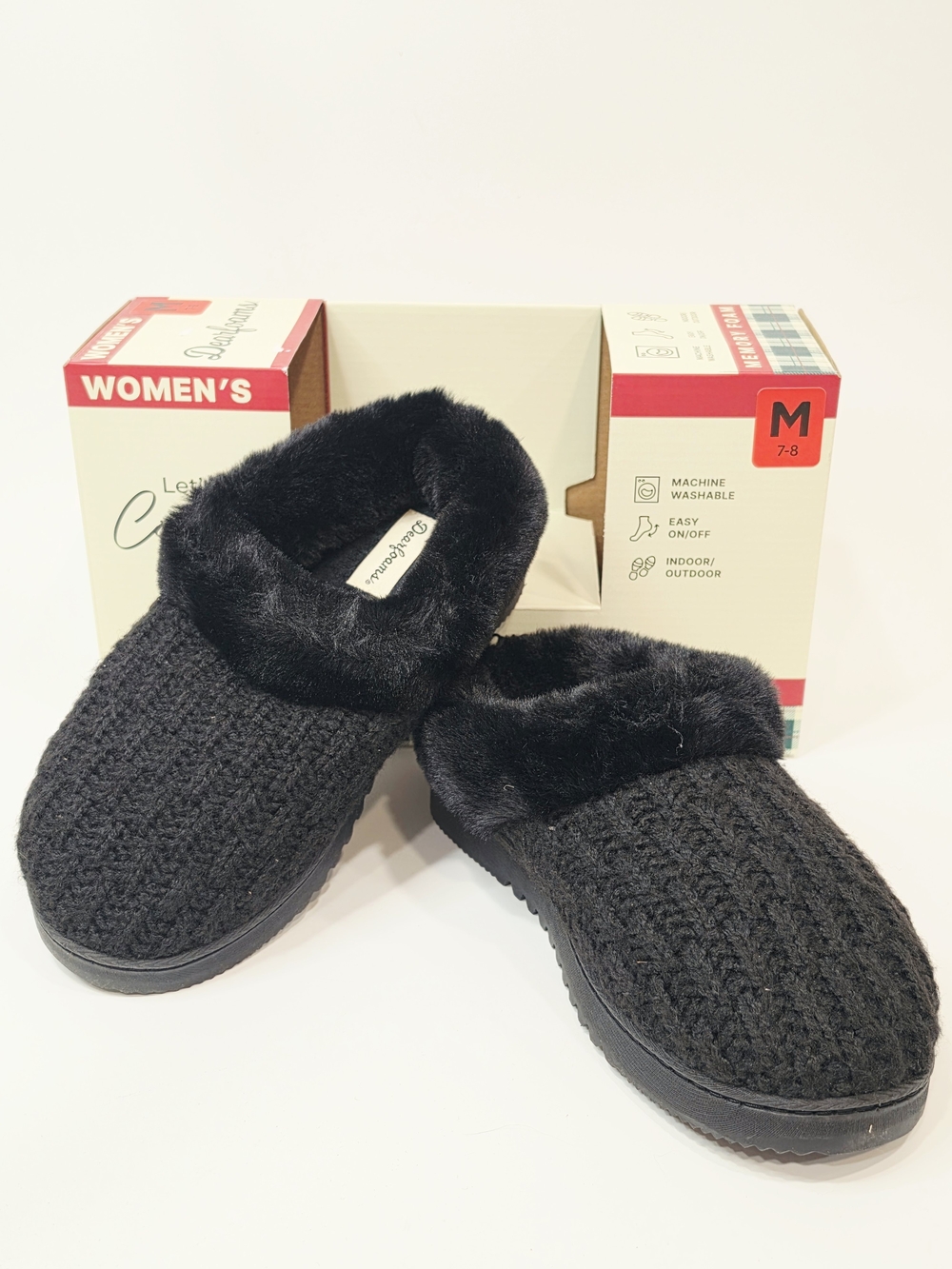 Dearfoams Hannah Knit Clog Slippers Womens Black Faux Fur Size Medium 7-8